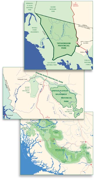 Colage of Maps featuring The Tatshenshini and Spatsizi Plateau Wilderness