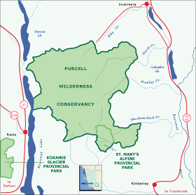 Map of the Purcell Wilderness Conservany and Region